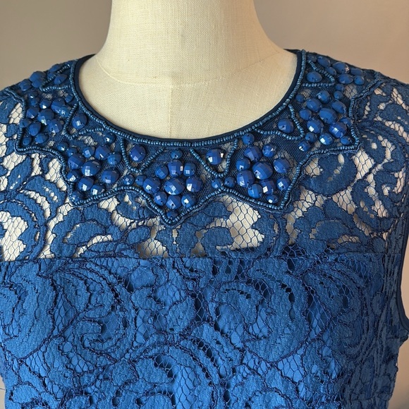 Adrianna Papell Blue Lace Sheath Mini Dress embellished neck formal cocktail 12 - Picture 1 of 11